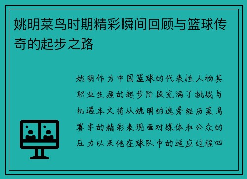 姚明菜鸟时期精彩瞬间回顾与篮球传奇的起步之路